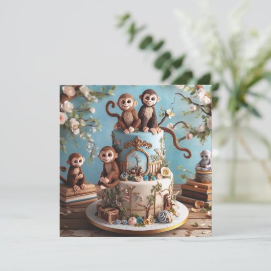 KLEINE MONKEYS THEMED BIRTHDAY CAKE EINLADUNG (Stehend Vorderseite)