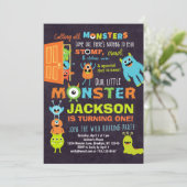 Kleine Monster 1. Geburtstag Einladungs-Boys Einladung (Stehend Vorderseite)