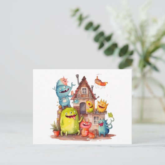 Kleine Monster bauen ein Haus. Einweihungsparty. Postkarte (Stehend Vorderseite)