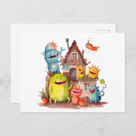 Kleine Monster bauen ein Haus. Einweihungsparty. Postkarte (Vorne/Hinten)