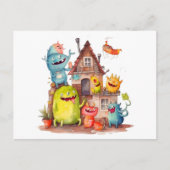 Kleine Monster bauen ein Haus. Einweihungsparty. Postkarte (Vorderseite)