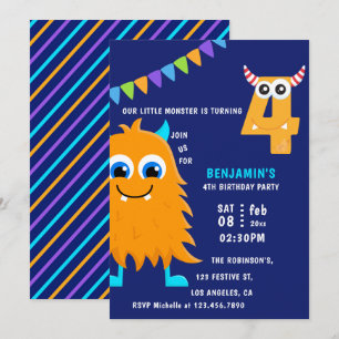 Kleine Monster-Geburtstagsfeier zum 4. Geburtstag Einladung