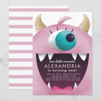 Kleine Monster Girls Pink Geburtstagsparty Einladung