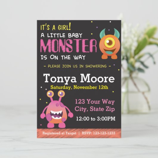 Kleine Monster Pink Babydusche Einladung (Stehend Vorderseite)