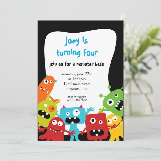 Kleine Monster zum Geburtstag Einladung (Stehend Vorderseite)