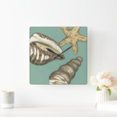 Kleine Muschel Trio auf Aquamarin Quadratische Wanduhr (Zuhause)