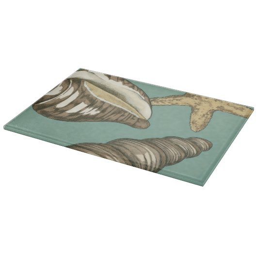 Kleine Muschel Trio auf Aquamarin Schneidebrett (Ecke)