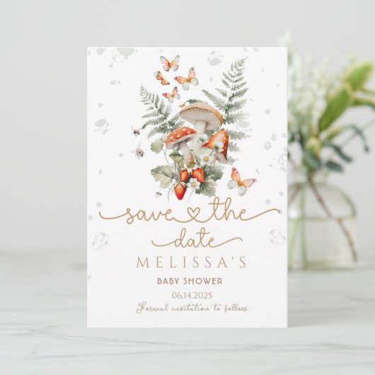 Kleine Mushroom Baby Shower Wald Baby Dusche Save The Date (Stehend Vorderseite)