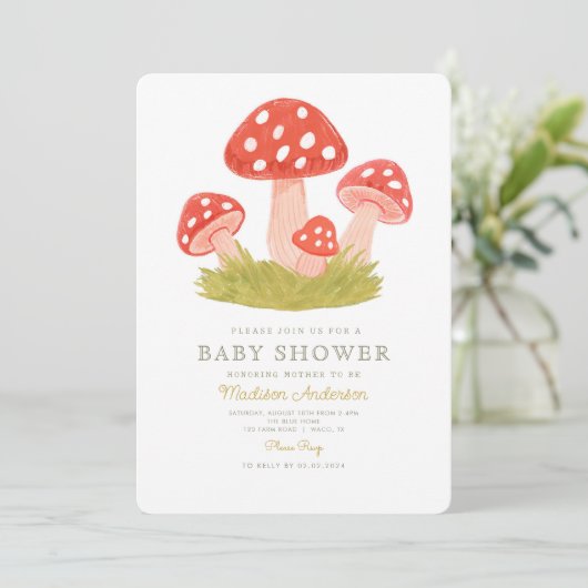 Kleine Mushroom Woodland Babydusche Einladung (Stehend Vorderseite)