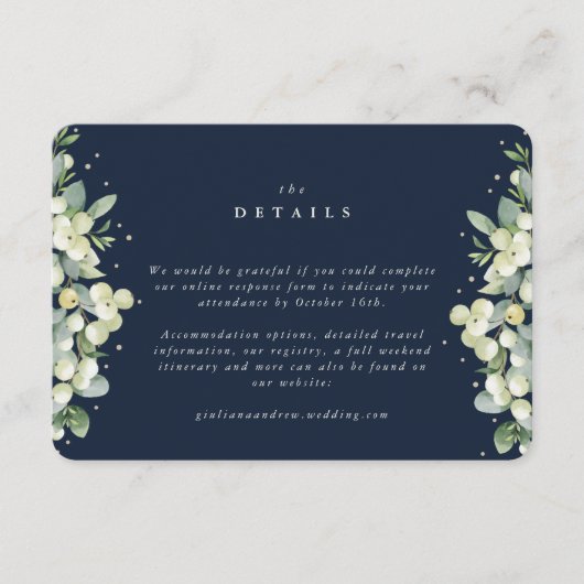 Kleine Navy Snowberry+Eukalyptus Hochzeitdetails Begleitkarte (Vorderseite)