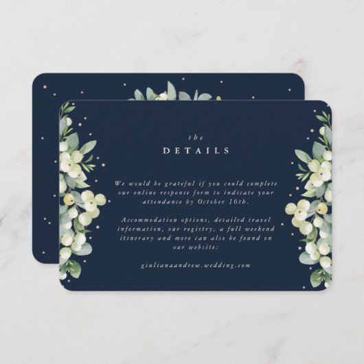 Kleine Navy Snowberry+Eukalyptus Hochzeitdetails Begleitkarte (Vorne/Hinten)