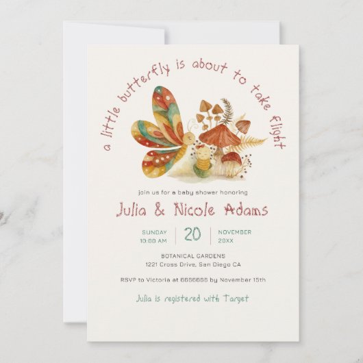 Kleine Niedliche Butterfly Cocoon Mushroom Babydus Einladung (Vorderseite)