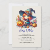 kleine niedliche Hexe in blauer Farbe, Halloween Einladung (Vorderseite)