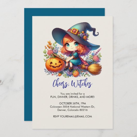 kleine niedliche Hexe in blauer Farbe, Halloween Einladung (Vorne/Hinten)