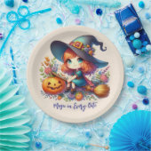 kleine niedliche Hexe in blauer Farbe, Halloween Pappteller (Party)