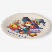 kleine niedliche Hexe in blauer Farbe, Halloween Pappteller (Schrägansicht)