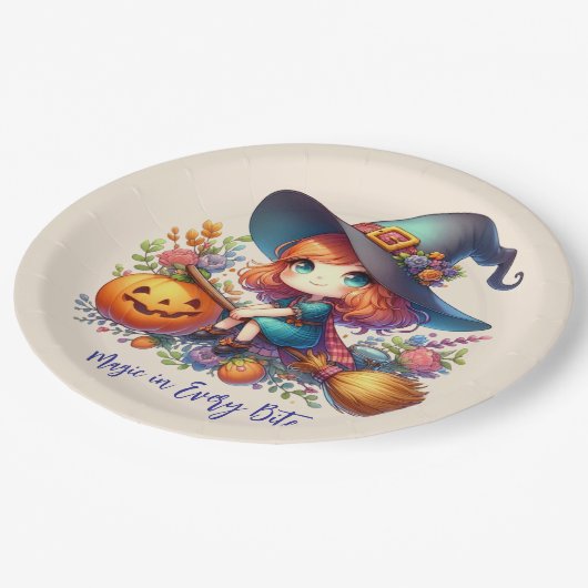 kleine niedliche Hexe in blauer Farbe, Halloween Pappteller (Schrägansicht)