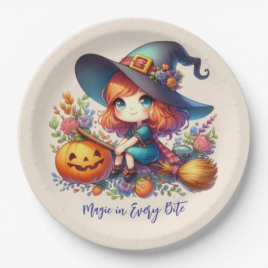 kleine niedliche Hexe in blauer Farbe, Halloween Pappteller (Vorderseite)