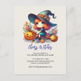 kleine niedliche Hexe in blauer Farbe, Halloween Postkarte