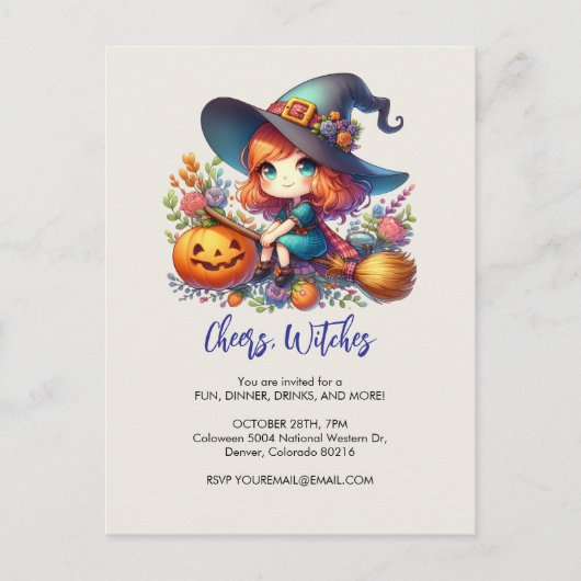 kleine niedliche Hexe in blauer Farbe, Halloween Postkarte (Vorderseite)