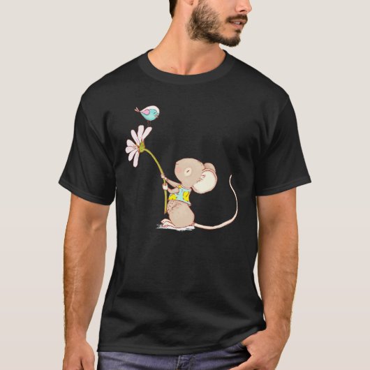 Kleine Niedliche Maus mit Vogel Blume L Kindermäus T-Shirt (Vorderseite)