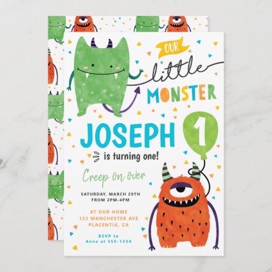 Kleine Niedliche Monster-Geburtstagsparty Einladung (Vorne/Hinten)