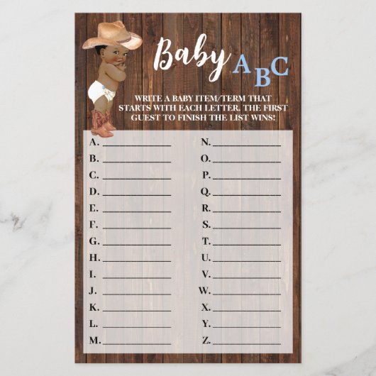 Kleine OM Cowboy Baby ABC Baby Shower Game Card Flyer (Vorne)