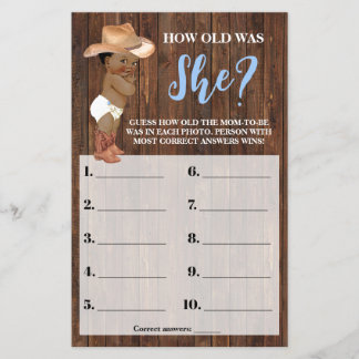 Kleine OM Cowboy Wie alt war ihr Baby Shower Game Flyer