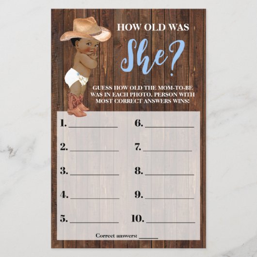 Kleine OM Cowboy Wie alt war ihr Baby Shower Game Flyer (Vorne)