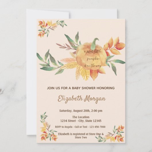 Kleine Pampkin, Blätter Babydusche Einladung (Vorderseite)