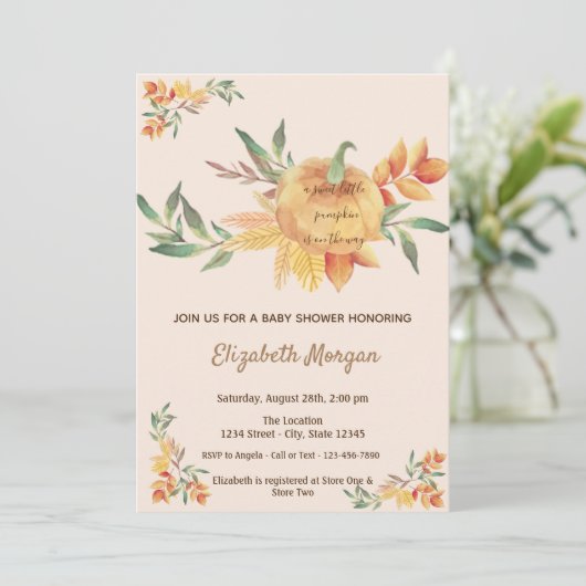 Kleine Pampkin, Blätter Babydusche Einladung (Stehend Vorderseite)