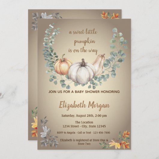 Kleine Pampkins, Blätter, Herbstdusche Einladung (Vorne/Hinten)