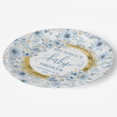 Kleine pastellblaue Blüten Goldbarsch Wasserfarbe Pappteller (Schrägansicht)