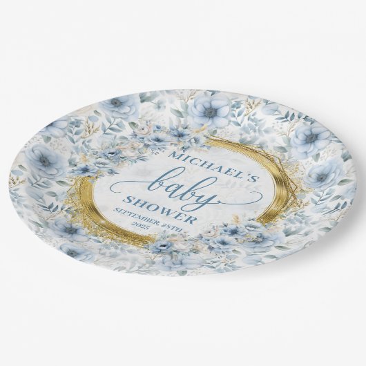 Kleine pastellblaue Blüten Goldbarsch Wasserfarbe Pappteller (Schrägansicht)