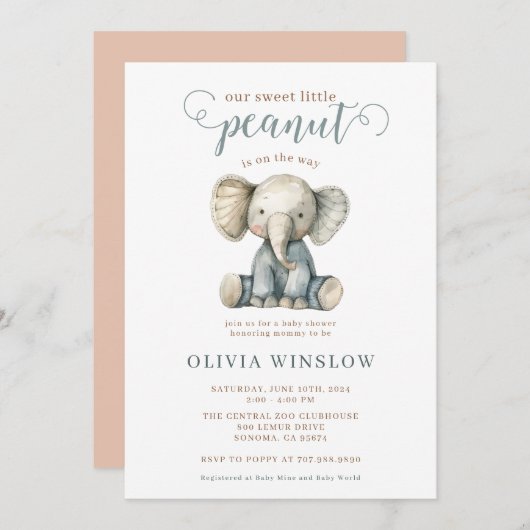 Kleine Peanut Baby Elephant Baby Dusche Einladung (Vorne/Hinten)