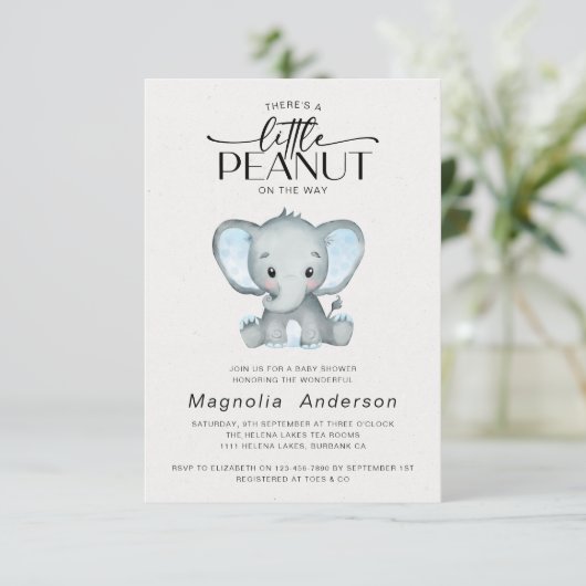 Kleine Peanut Blue Elephant Baby Dusche Einladung (Stehend Vorderseite)