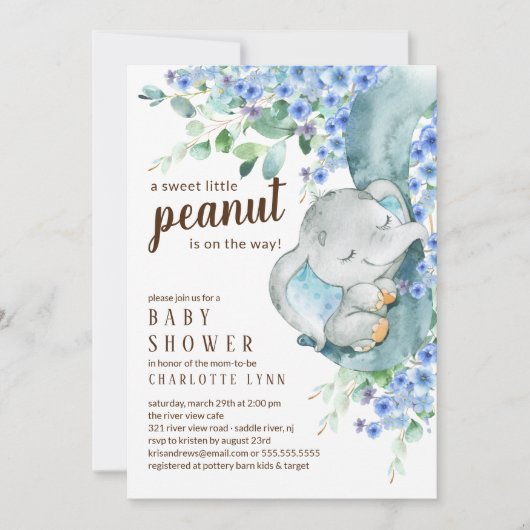 Kleine Peanut Elephant Boys Babydusche Einladung (Vorderseite)