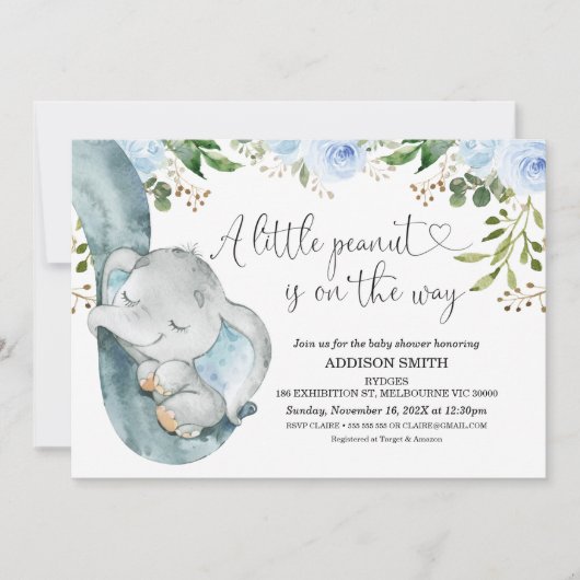 Kleine Peanut Elephant Trunk Baby Dusche Einladung (Vorderseite)