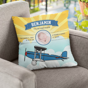Kleine Pilot Blaues Flugzeug Baby Foto Geburtsstat Kissen
