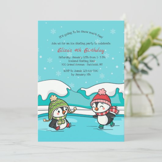Kleine Pinguine Ice Skater Einladung (Stehend Vorderseite)