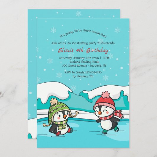 Kleine Pinguine Ice Skater Einladung (Vorne/Hinten)