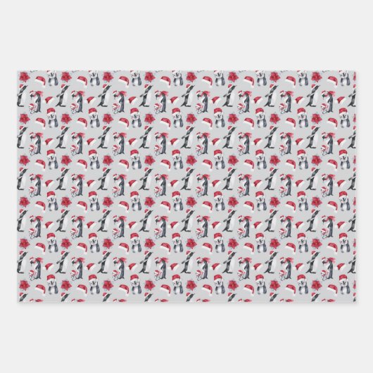 Kleine Pinguine in Weihnachtsmannmützen Geschenkpapier Set (Vorderseite 2)