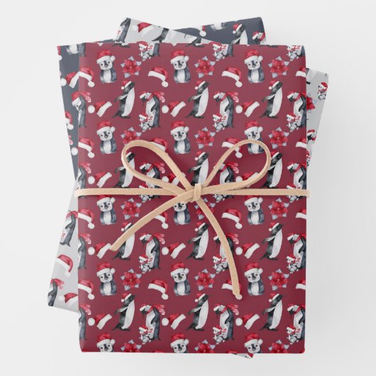 Kleine Pinguine in Weihnachtsmannmützen Geschenkpapier Set (Beispiel)