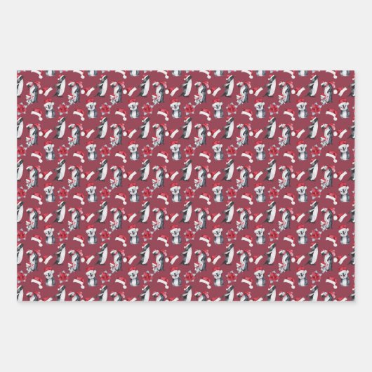 Kleine Pinguine in Weihnachtsmannmützen Geschenkpapier Set (Vorderseite)