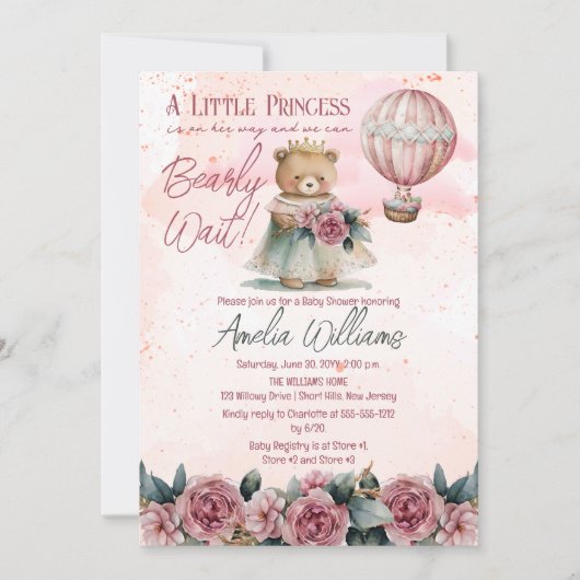 Kleine Princess Bear Bearly Wait Girl Baby Dusche Einladung (Vorderseite)