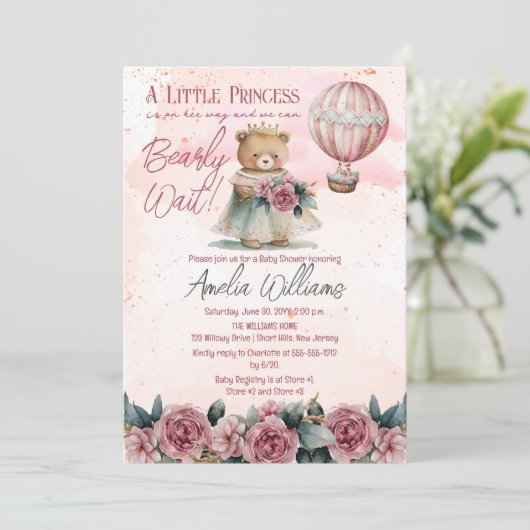 Kleine Princess Bear Bearly Wait Girl Baby Dusche Einladung (Stehend Vorderseite)