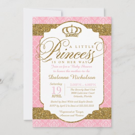 Kleine Princess Royal Pink and Gold Baby Dusche Einladung (Vorderseite)