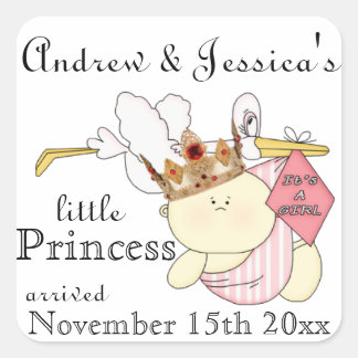 Kleine Princess-Stork/Baby-Customize-Namen/Daten Quadratischer Aufkleber