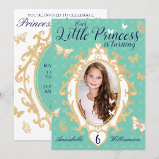 Kleine Prinzessin Aquamarin & Gold zum Geburtstag Einladung