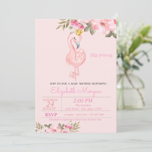 Kleine Prinzessin, Flamingo Crown Floral Baby Dusc Einladung (Stehend Vorderseite)
